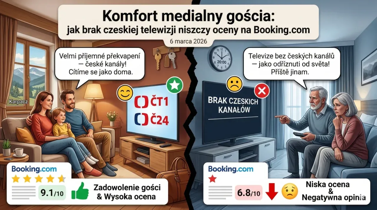 Komfort medialny gościa: jak brak czeskiej telewizji niszczy oceny na Booking.com